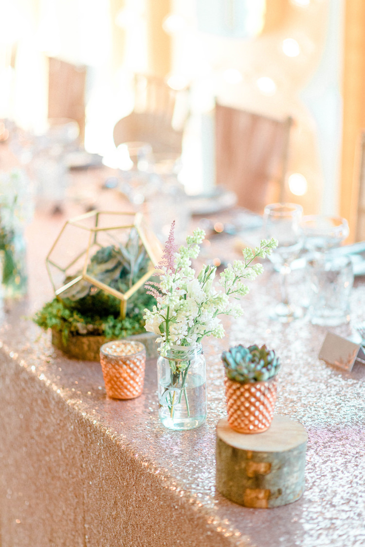 Sequin Table Cloths Letter Lights Decor Flowers Tablescape Pink Jar Flowers Newton Hall Wedding Sarah-Jane Ethan Photography