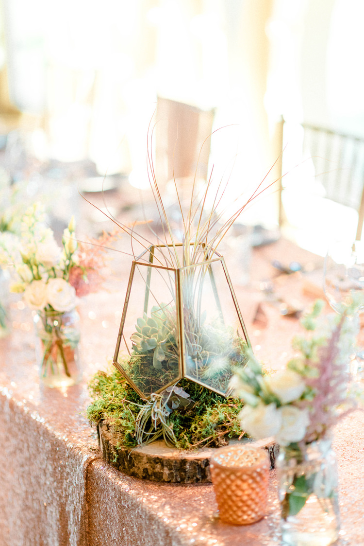 Terrarium Copper Log Slice Centrepiece Decor Newton Hall Wedding Sarah-Jane Ethan Photography