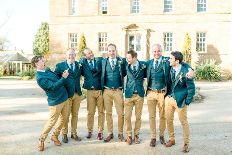 Groom Suit Blue Tweed Jacket Waistcoat Chonos Brown Floral Tie Groomsmen Newton Hall Wedding Sarah-Jane Ethan Photography