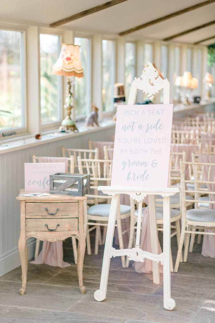PasteL Pink Ceremony Sign Newton Hall Wedding Sarah-Jane Ethan Photography