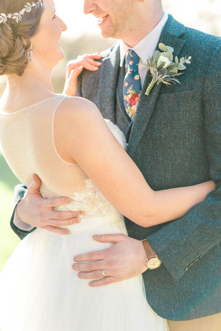 Groom Suit Blue Tweed Jacket Waistcoat Chonos Brown Floral Tie Newton Hall Wedding Sarah-Jane Ethan Photography