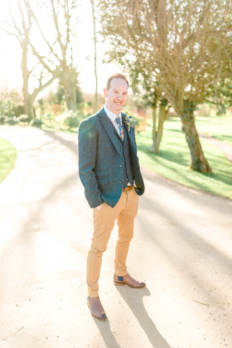 Groom Suit Blue Tweed Jacket Waistcoat Chonos Brown Floral Tie Boots Newton Hall Wedding Sarah-Jane Ethan Photography