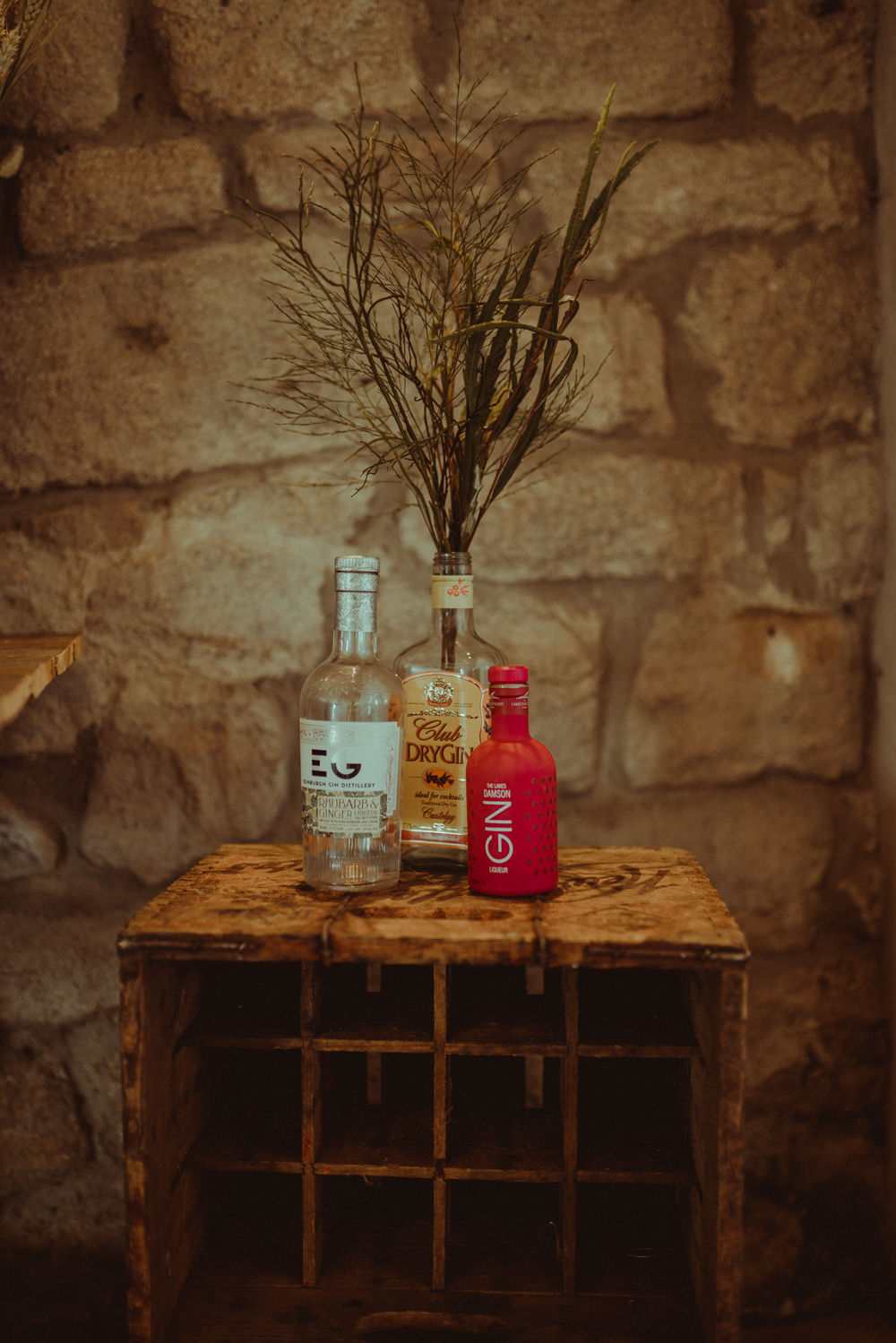 Gin Bottles Wooden Box Branches Decor Northside Farm Wedding Belle Art Photography