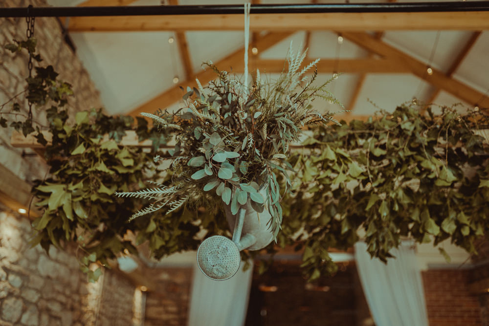 Greenery Garland Watering Can Swag Hanging Suspended Northside Farm Wedding Belle Art Photography