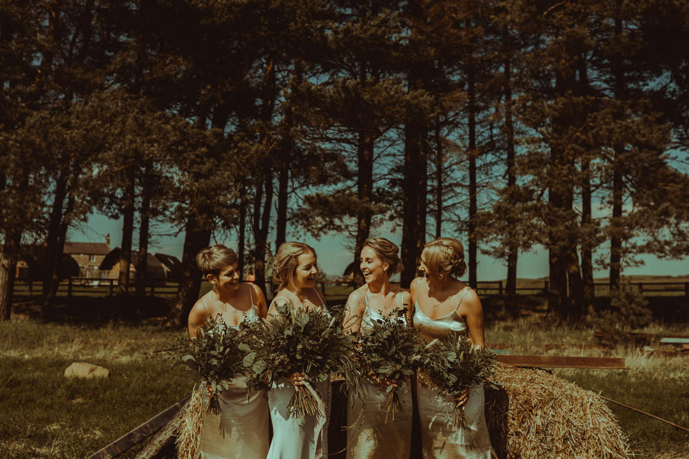 Silk Strap Bridesmaid Dresses Greenery Foliage Bouquets Bridal Northside Farm Wedding Belle Art Photography