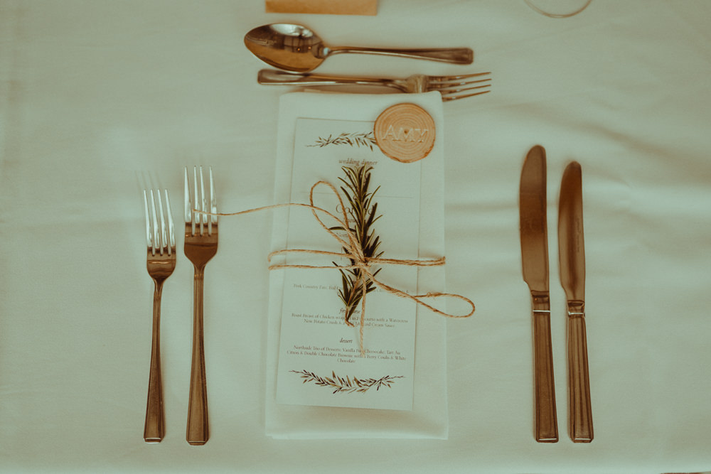 Place Setting Twine Stationery Menu Log Slice Rosemary Northside Farm Wedding Belle Art Photography