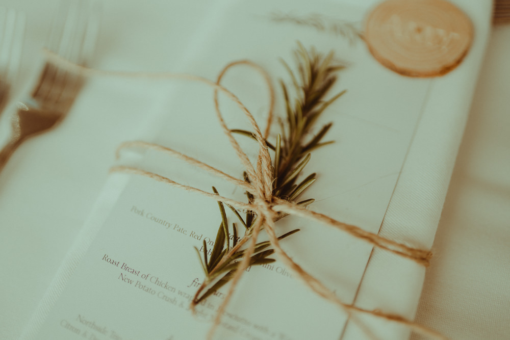 Place Setting Twine Stationery Menu Log Slice Rosemary Northside Farm Wedding Belle Art Photography