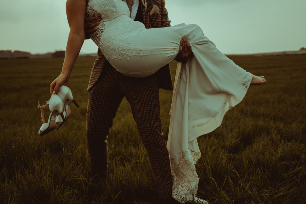 Lace Dress Gown Fit Flare Straps Low Back Bride Bridal Train Northside Farm Wedding Belle Art Photography