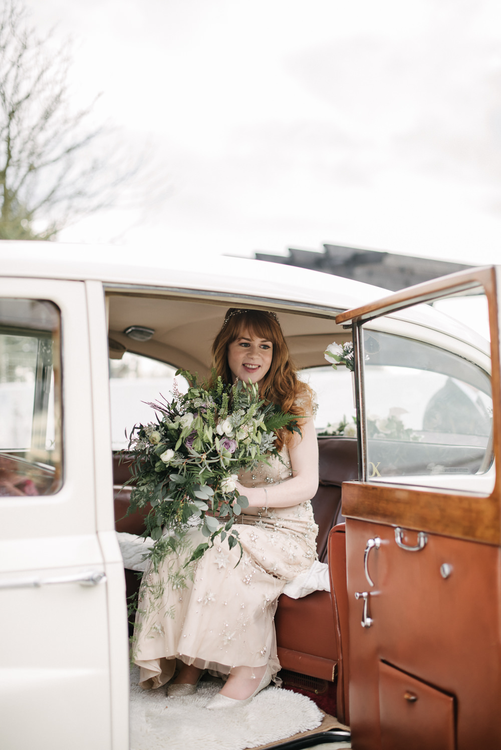 Bride Bridal Embellished Jenny Packham Foliage Tumbling Bouquet Transport Car Orange Tree House Wedding Winter You Them Us Photography