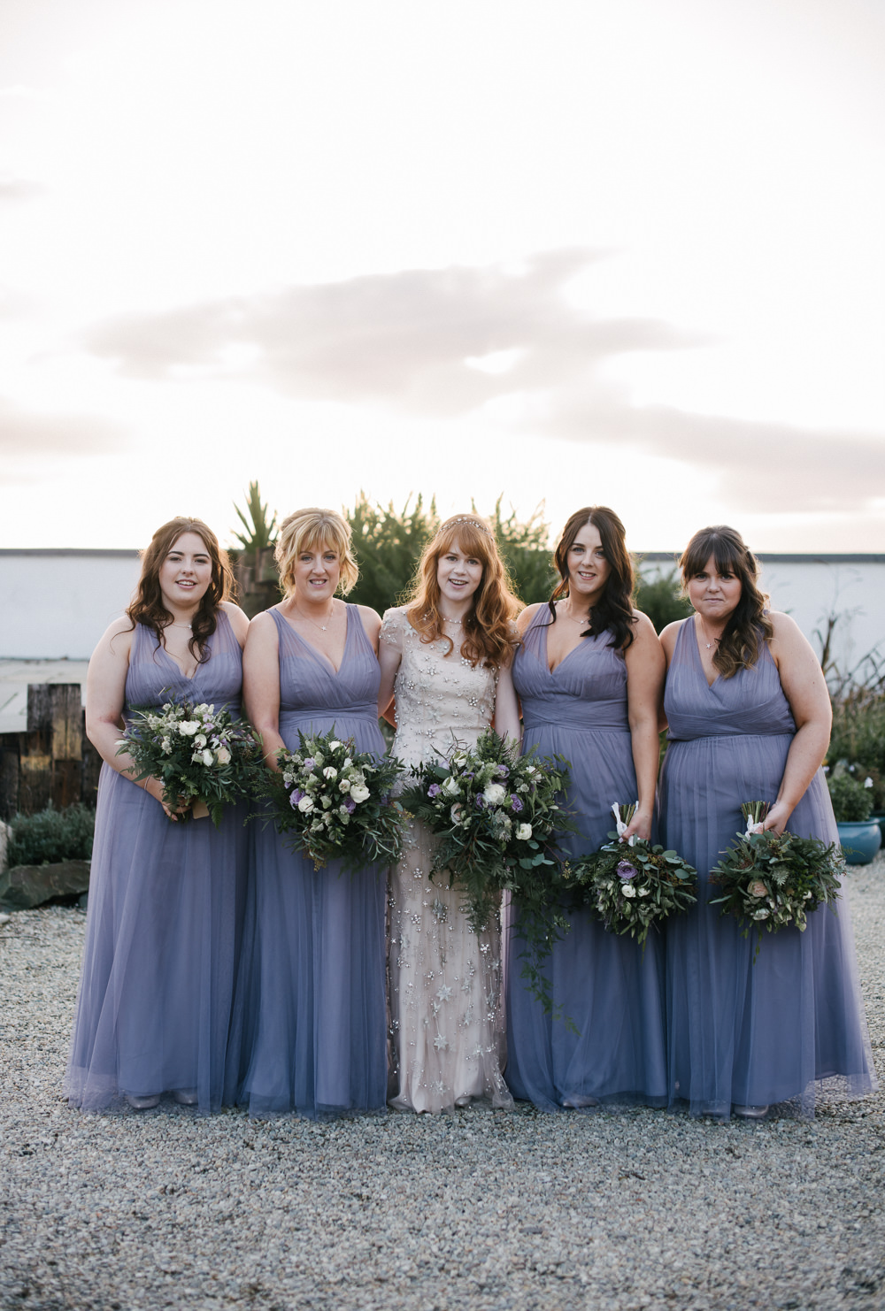 Bride Bridal Jenny Packham Star Celestial Sparkle Embellishment Headpiece Tumbling Foliage Greenery Bouquet Bridesmaids Dusky Purple Hayley Paige Orange Tree House Wedding Winter You Them Us Photography
