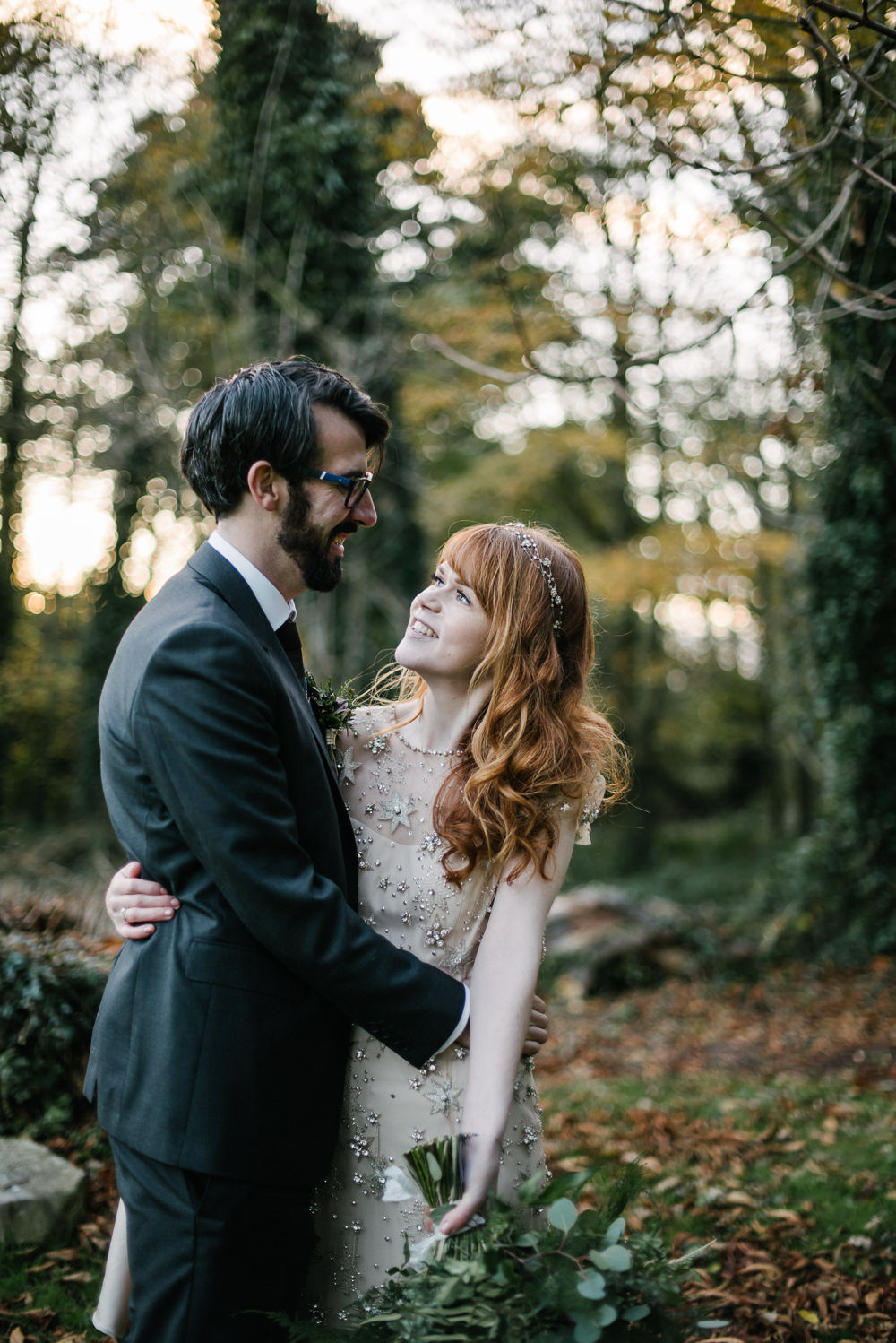 Bride Bridal Jenny Packham Star Celestial Sparkle Embellishment Headpiece Tumbling Foliage Greenery Bouquet Bottle Green Suit Groom Orange Tree House Wedding Winter You Them Us Photography