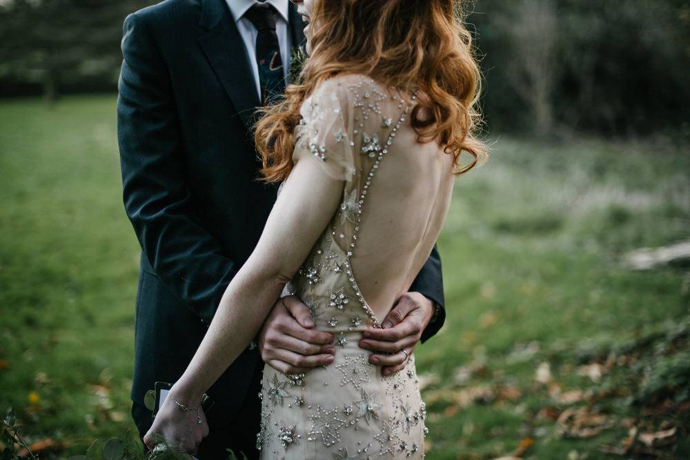 Bride Bridal Jenny Packham Star Celestial Sparkle Embellishment Low Back Bottle Green Suit Groom Orange Tree House Wedding Winter You Them Us Photography