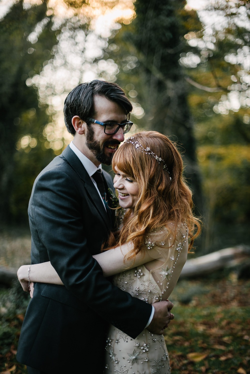 Bride Bridal Jenny Packham Star Celestial Sparkle Embellishment Headpiece Bouquet Bottle Green Suit Groom Orange Tree House Wedding Winter You Them Us Photography