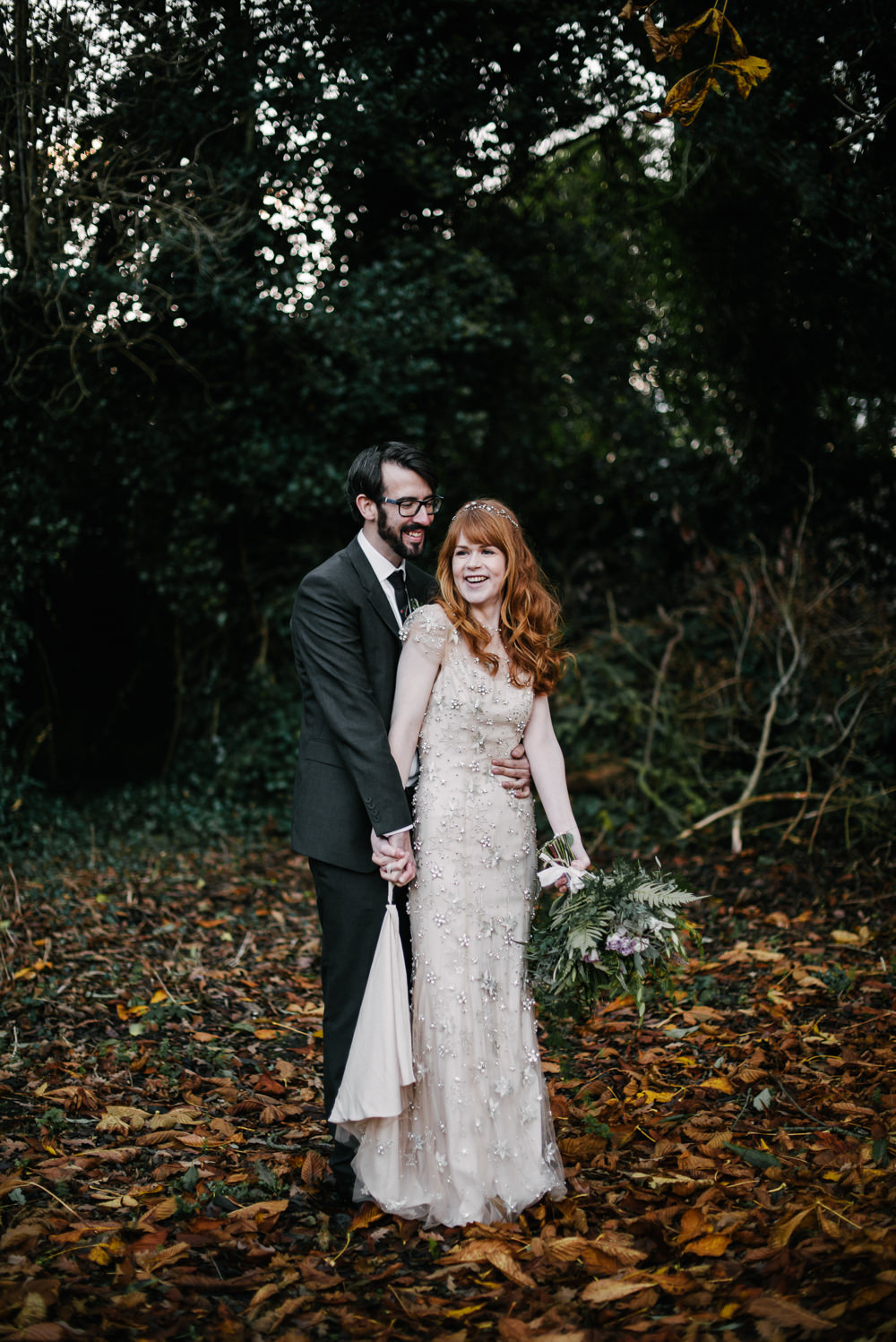 Bride Bridal Jenny Packham Star Celestial Sparkle Embellishment Headpiece Bottle Green Suit Groom Tumbling Foliage Greenery Purple Rose Bouquet Orange Tree House Wedding Winter You Them Us Photography