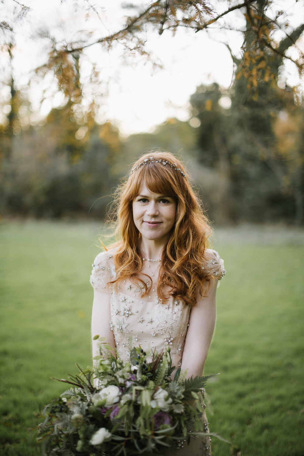 Bride Bridal Jenny Packham Star Celestial Sparkle Embellishment Headpiece Tumbling Green Foliage Bouquet Purple Rose Orange Tree House Wedding Winter You Them Us Photography