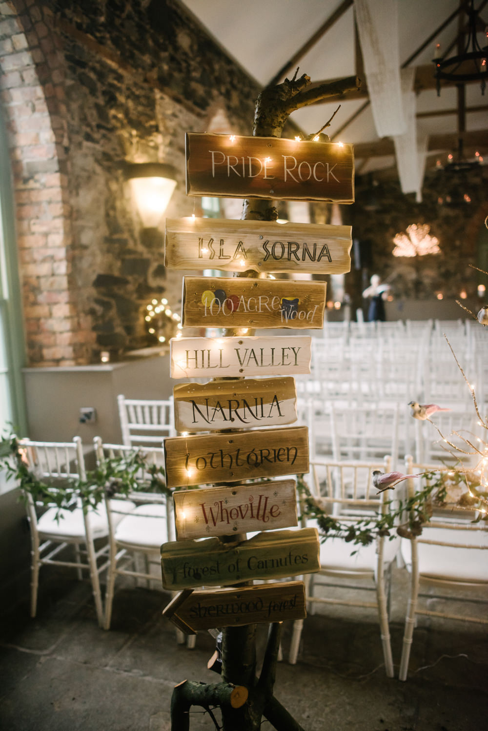 Sign Post Signage Table Names Fairy Lights Orange Tree House Wedding Winter You Them Us Photography