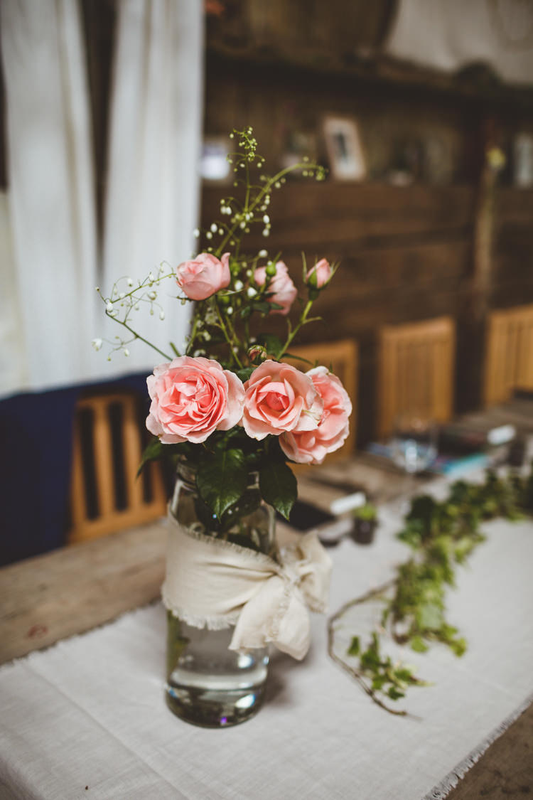 Jar Flowers Table Roses Rustic Relaxed Farm Wedding Photography34