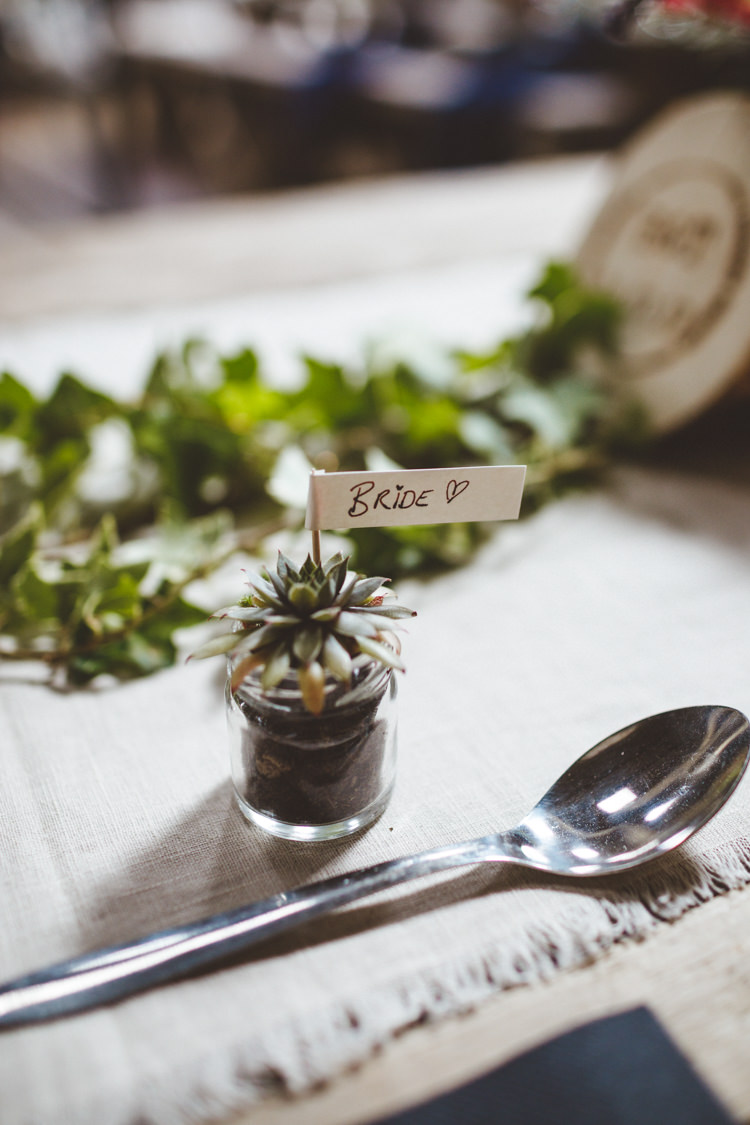 Potted Succulent Jar Place Name Flag Favour Rustic Relaxed Farm Wedding Photography34