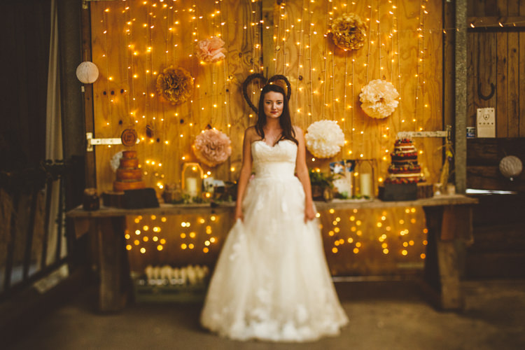 Cake Table Dessert Fairy Lights Pom Poms Rustic Relaxed Farm Wedding Photography34