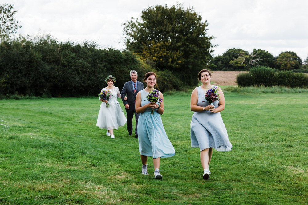 Bridesmaids Blue Tea Length Dresses Bride Bridal Bouquet Outdoor Secret Barn Sussex Wedding Rainbow Colourful Yvonne Lishman Photography