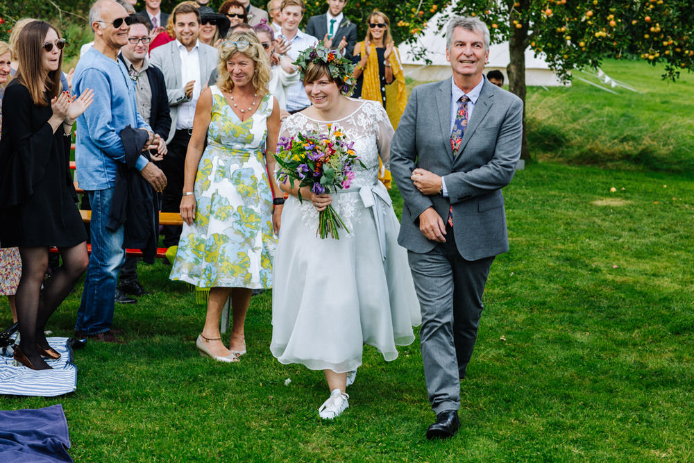 Bride Bridal Tea Length Dress Lace Long Sleeve Converse Multicoloured Bouquet Secret Barn Sussex Wedding Rainbow Colourful Yvonne Lishman Photography