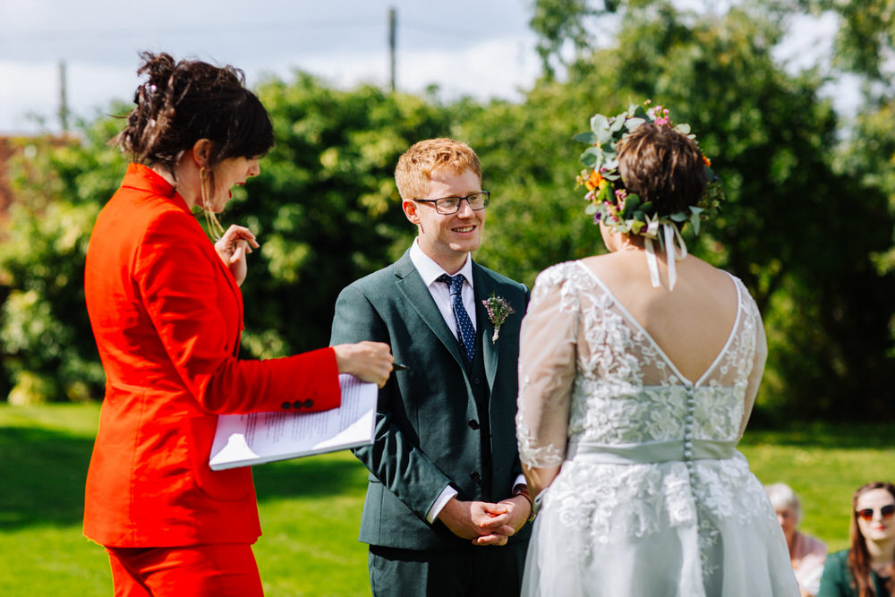 Bride Bridal Lace V Back Flower Crown Bottle Green Groom Suit Secret Barn Sussex Wedding Rainbow Colourful Yvonne Lishman Photography