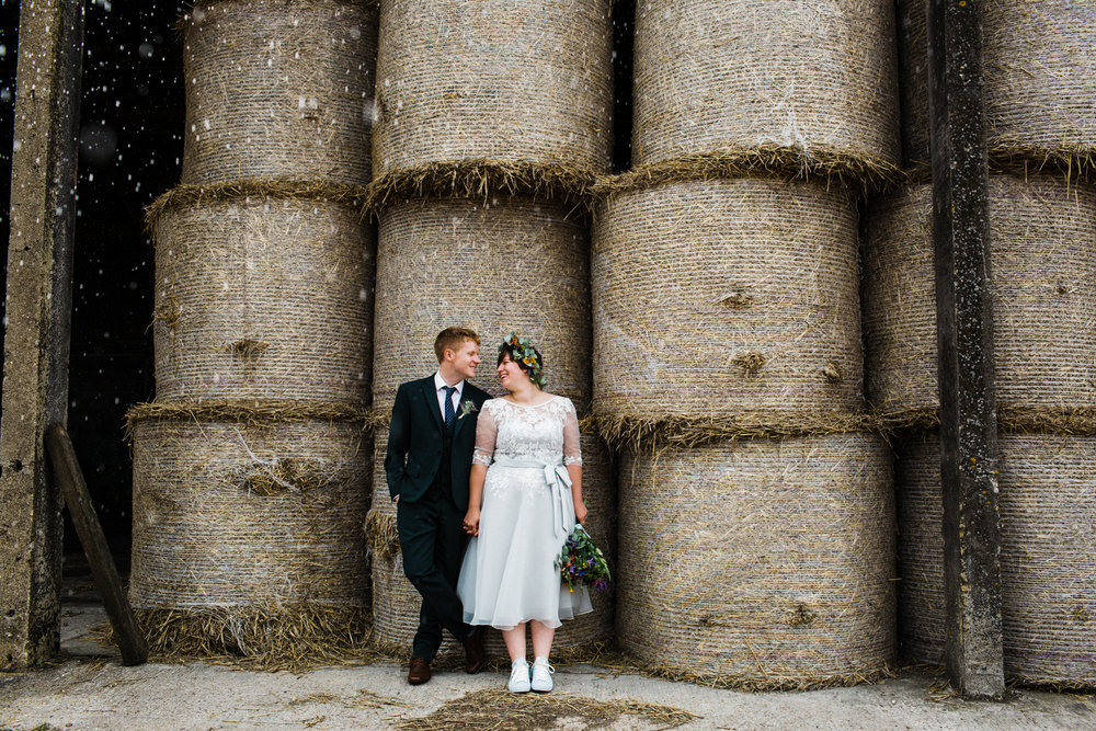 Bride Bridal Tea Length Sleeved Dress Flower Crown Multicoloured Bouquet Flower Crown Groom Bottle Green Suit Three Piece Secret Barn Sussex Wedding Rainbow Colourful Yvonne Lishman Photography