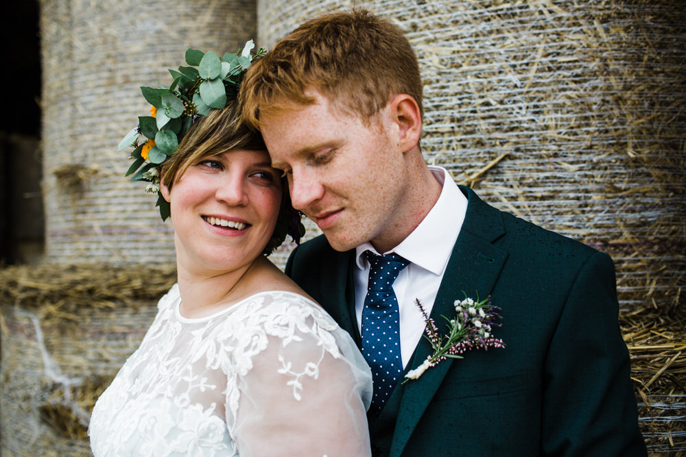 Bride Bridal Tea Length Sleeved Dress Flower Crown Multicoloured Bouquet Flower Crown Groom Bottle Green Suit Three Piece Secret Barn Sussex Wedding Rainbow Colourful Yvonne Lishman Photography