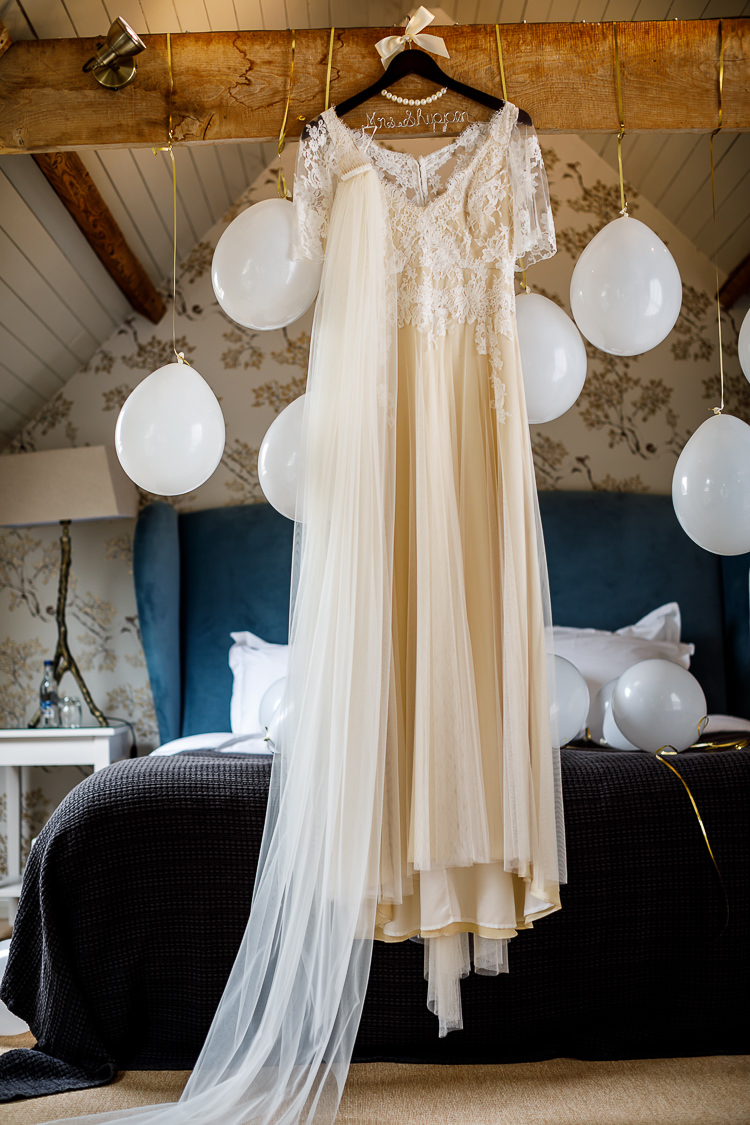 Dana Bolton Dress Gown Bride Bridal Lace Tulle Cap Sleeves Veil South Farm Wedding Midsummer Night's Dream Lina and Tom Photography