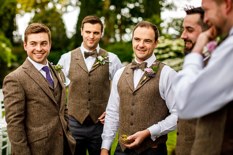 Brown Tweed Suit Groom Bow Ties Groomsmen Waistcoats South Farm Wedding Midsummer Night's Dream Lina and Tom Photography