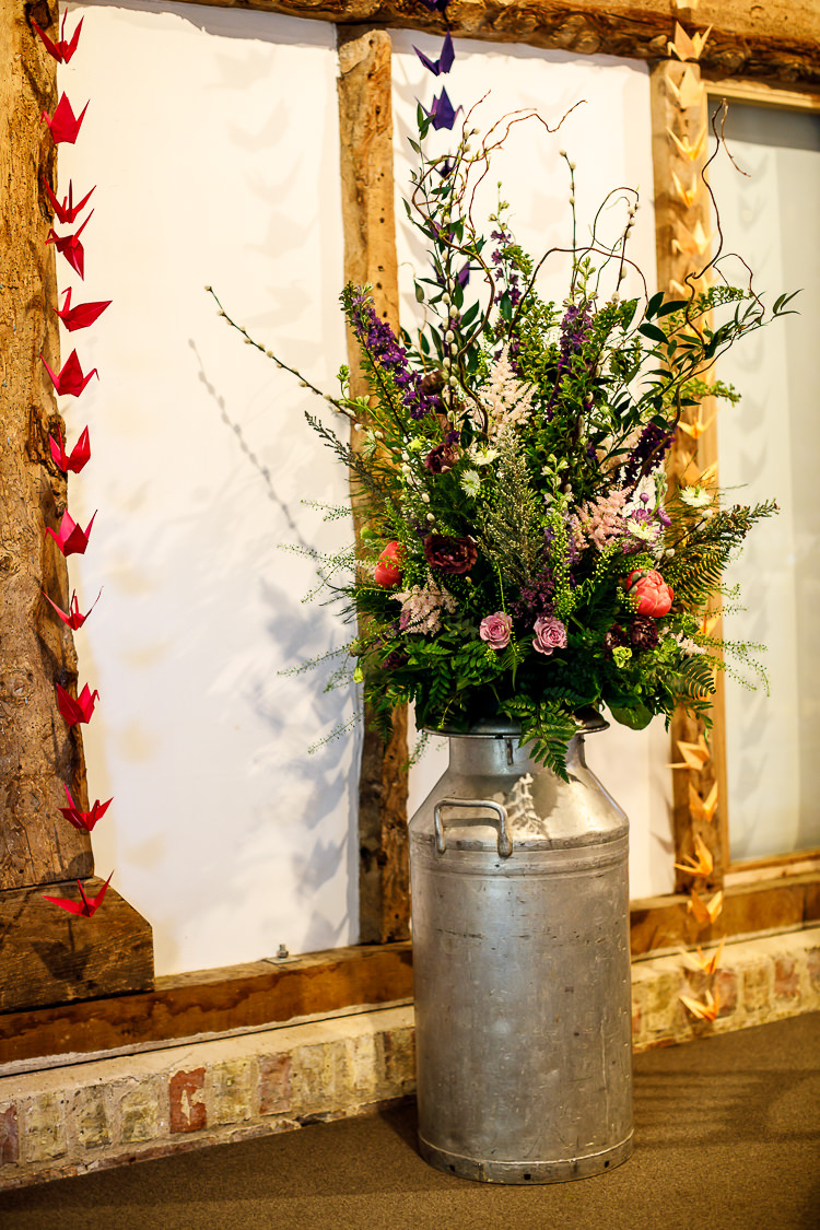 Milk Churn Flowers Natural Wild Peony Ivy Rose Foliage South Farm Wedding Midsummer Night's Dream Lina and Tom Photography