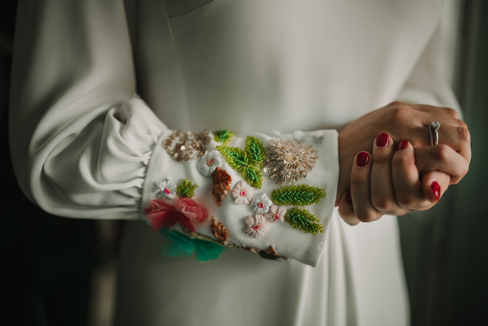 Outdoor Seville Destination Villa White Floral Flamenco Colorful Embellished White Dress | Colorful and Heartfelt Wedding in Spain Boda&Films