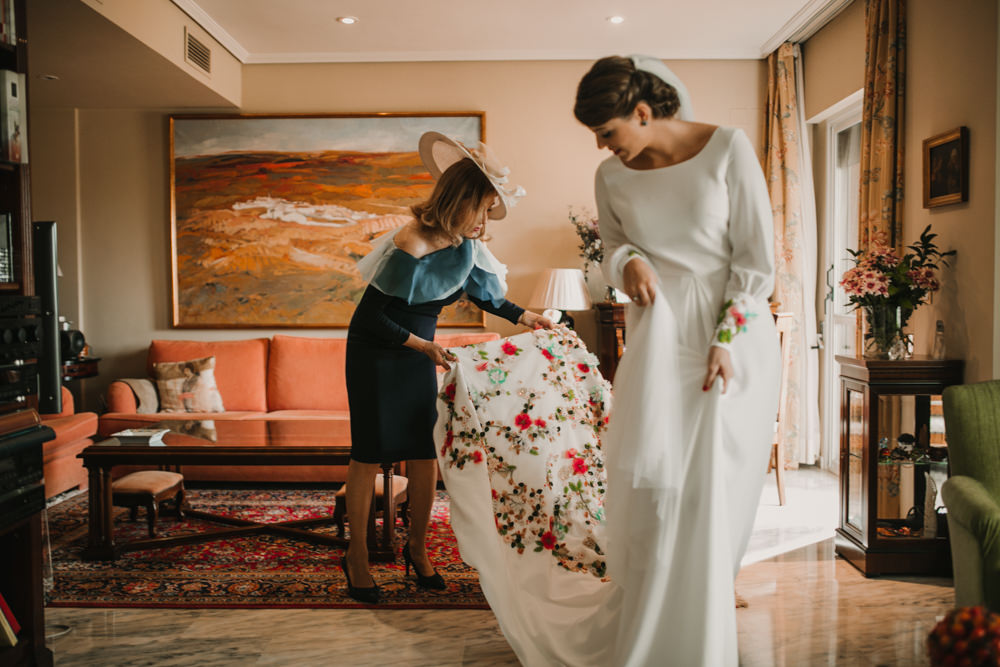Outdoor Seville Destination Villa White Floral Flamenco Colorful Embellished White Dress | Colorful and Heartfelt Wedding in Spain Boda&Films