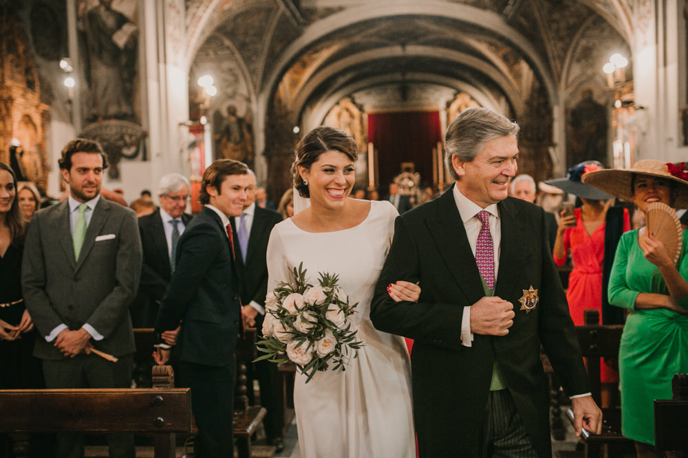 Outdoor Seville Destination Baroque Church Aisle Ceremony Bride Father | Colorful and Heartfelt Wedding in Spain Boda&Films