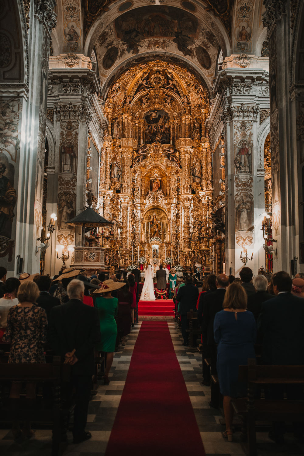 Outdoor Seville Destination Baroque Church Aisle Ceremony Bride Groom Vows Altar | Colorful and Heartfelt Wedding in Spain Boda&Films