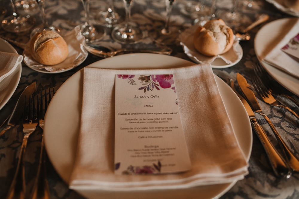 Outdoor Seville Destination Wedding Breakfast Pink Floral Menu Villa Hacienda | Colorful and Heartfelt Wedding in Spain Boda&Films