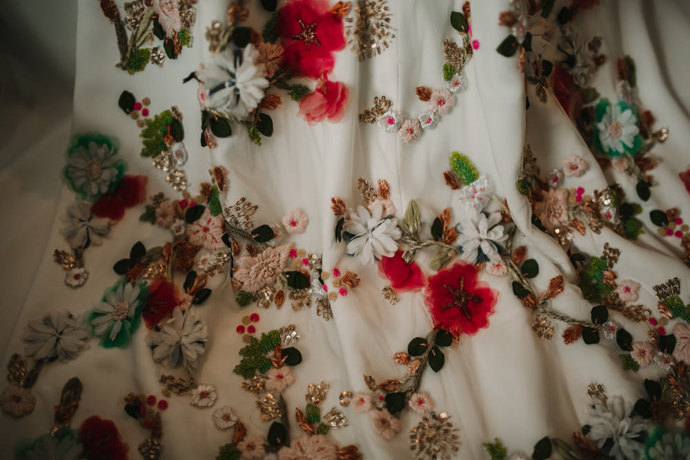 Outdoor Seville Destination Villa White Floral Flamenco Colorful Embellished White Dress | Colorful and Heartfelt Wedding in Spain Boda&Films