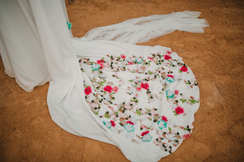 Outdoor Seville Destination Villa White Floral Flamenco Colorful Embellished White Dress | Colorful and Heartfelt Wedding in Spain Boda&Films