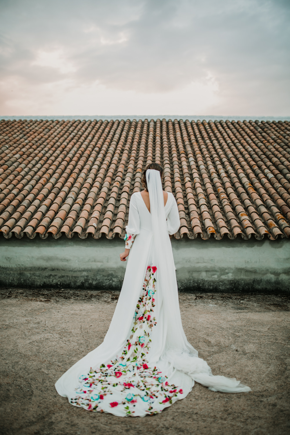 Outdoor Seville Destination Villa White Floral Flamenco Colorful Embellished White Dress | Colorful and Heartfelt Wedding in Spain Boda&Films