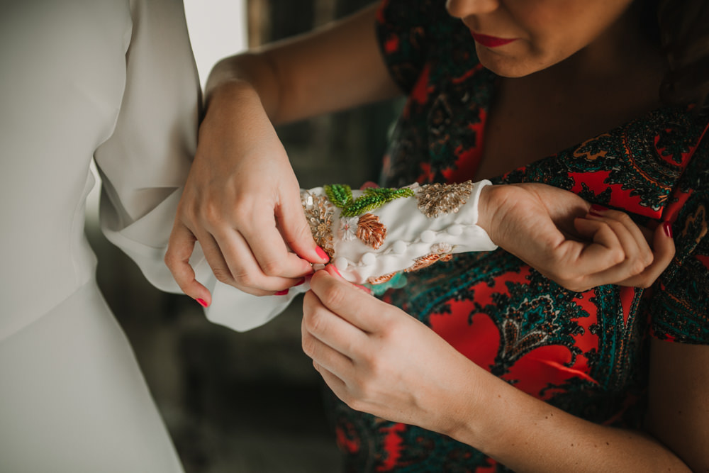 Outdoor Seville Destination Villa White Floral Flamenco Colorful Embellished White Dress | Colorful and Heartfelt Wedding in Spain Boda&Films