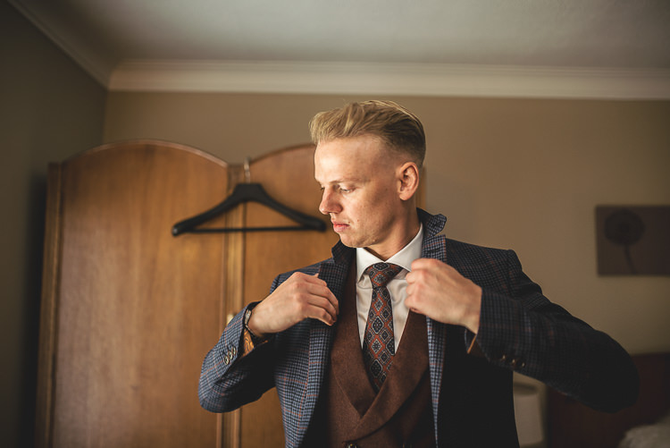 Check Suit Groom Jacket Navy Brown Tipi Garden Wedding Wedding Foxley Photography
