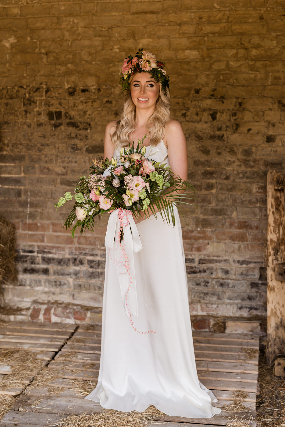 Bouquet Fresia Flowers Bride Bridal Pink Foliage Greenery Shells Ribbons Tropical Boho Countryside Wedding Ideas Sarah Brookes Photography