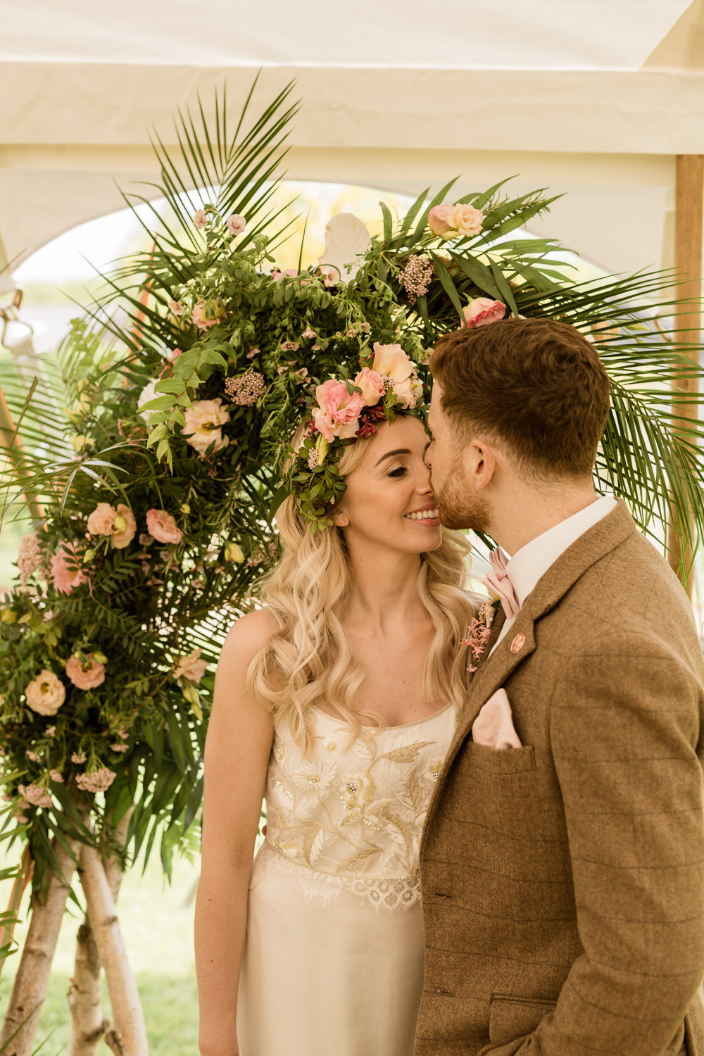 Backdrop Arch Pampas Grass Palm Leaves Fresia Flowers Pink Foliage Greenery Tropical Boho Countryside Wedding Ideas Sarah Brookes Photography