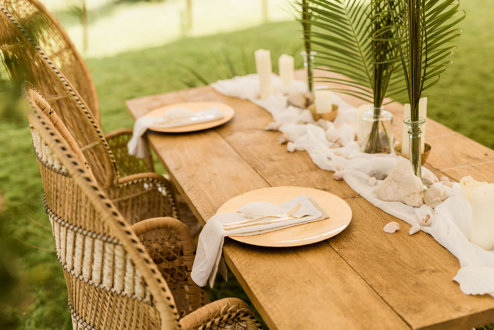 Tablescape Decor Shells Gold Palm Leaves Tropical Boho Countryside Wedding Ideas Sarah Brookes Photography