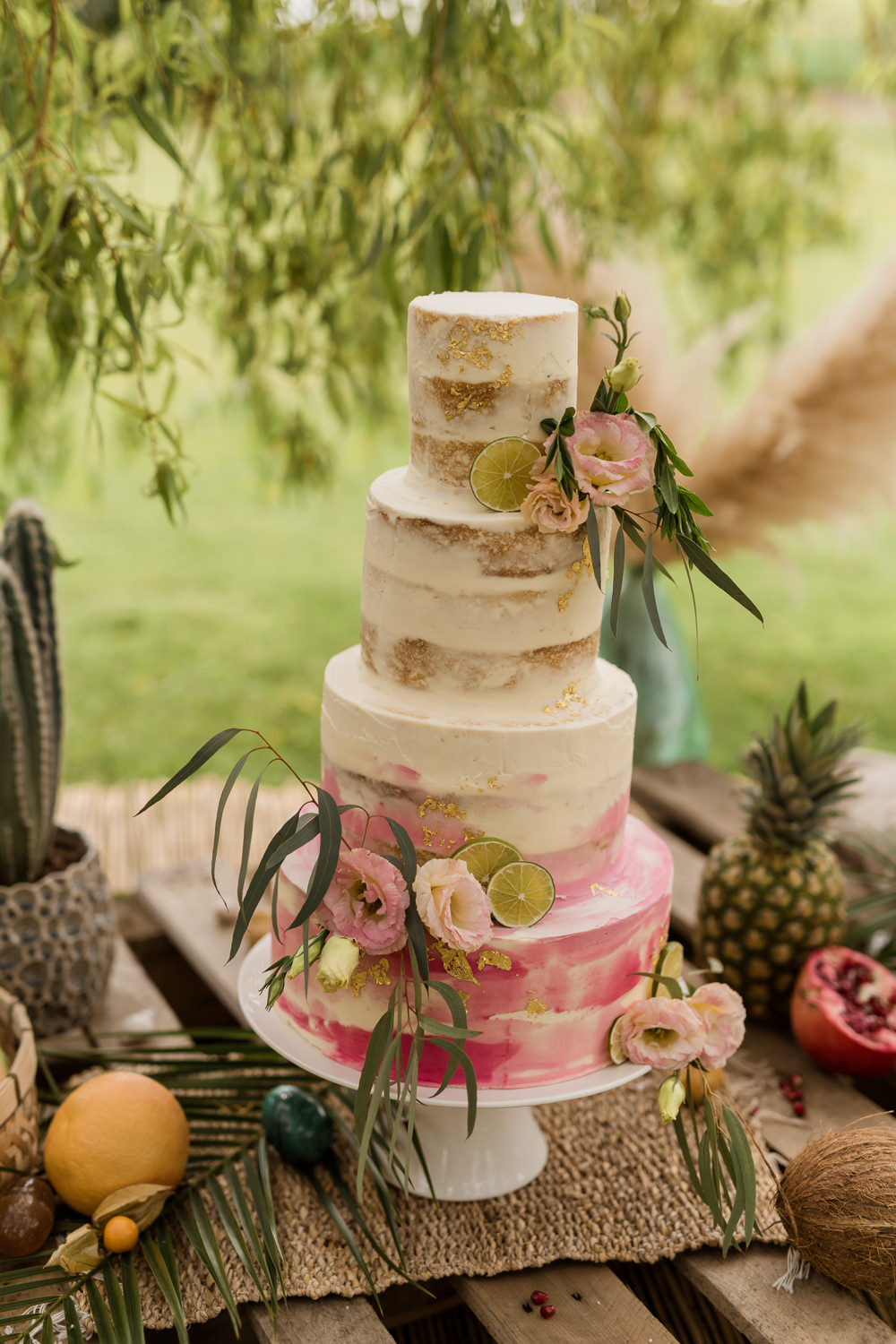 Pink Ombre Buttercream Cake Flowers Tropical Boho Countryside Wedding Ideas Sarah Brookes Photography