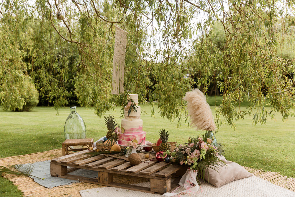 Pampas Grass Palm Leaves Fresia Flowers Pink Foliage Greenery Tropical Boho Countryside Wedding Ideas Sarah Brookes Photography