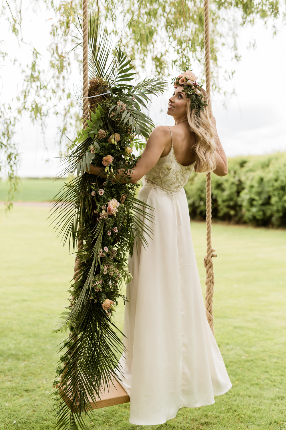 Pampas Grass Palm Leaves Swing Rosemary Pistache Eustoma Flowers Bride Bridal Pink Foliage Greenery Shells Tropical Boho Countryside Wedding Ideas Sarah Brookes Photography
