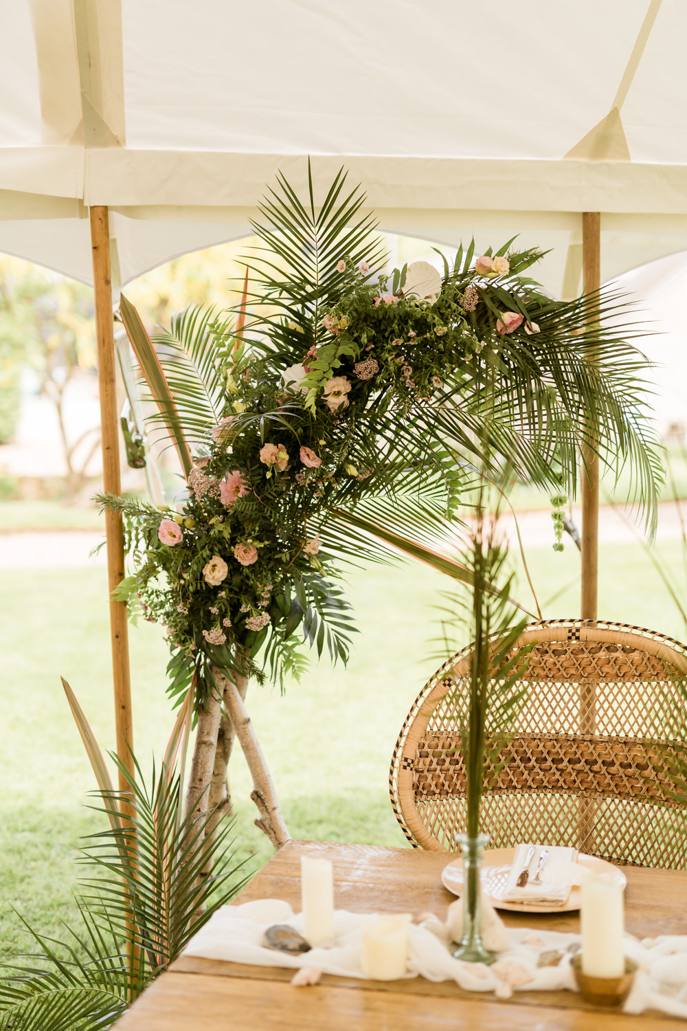 Backdrop Arch Table Palm Leaves Rosemary Pistache Eustoma Flowers Bride Bridal Pink Foliage Greenery Shells Tropical Boho Countryside Wedding Ideas Sarah Brookes Photography