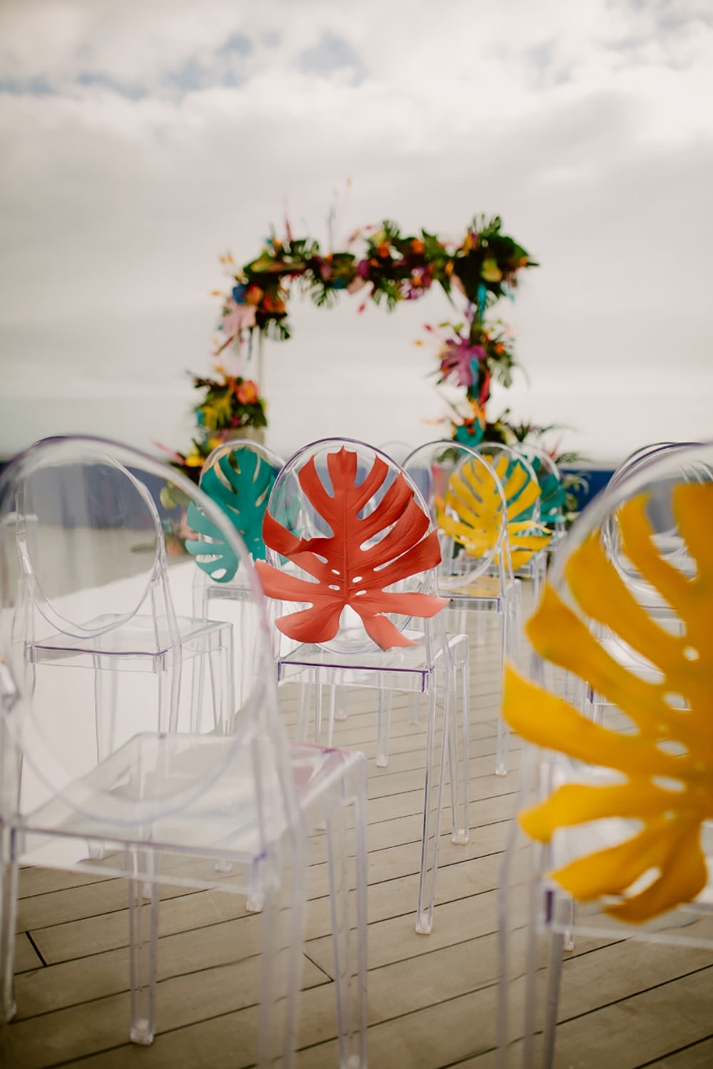 Colorful Destination Elopement Bride Aisle Ceremony Arch Palm Leaves | Tropical Industrial Canary Islands Wedding Ideas Moana Photography