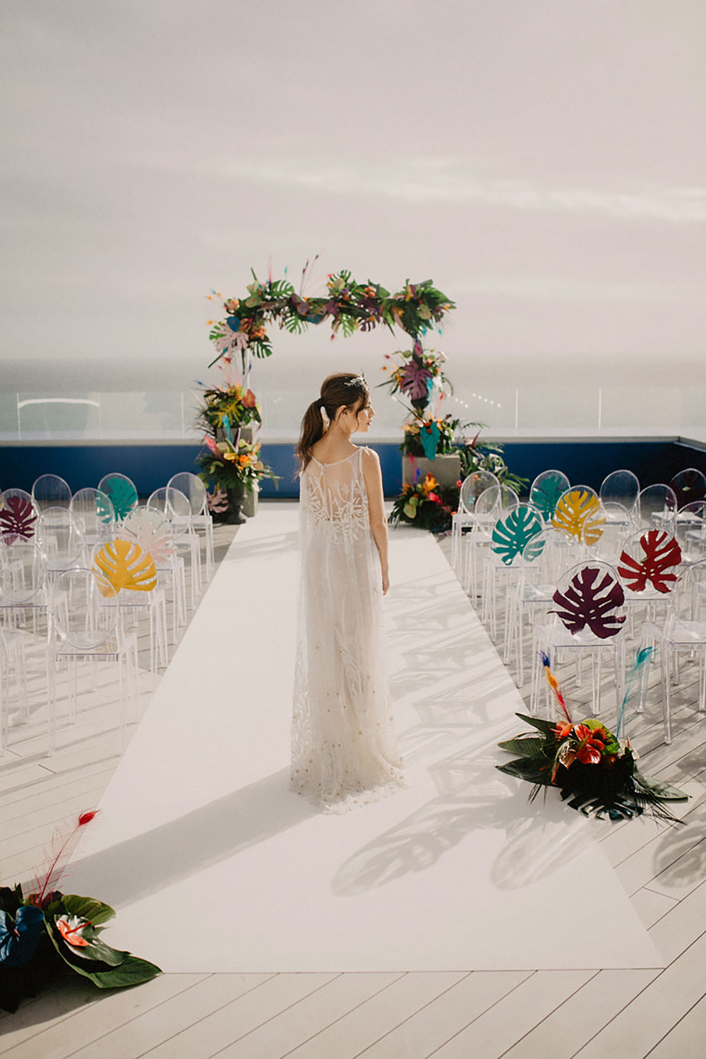 Colorful Destination Elopement Bride Headpiece Aisle Ceremony Arch Palm Leaves | Tropical Industrial Canary Islands Wedding Ideas Moana Photography